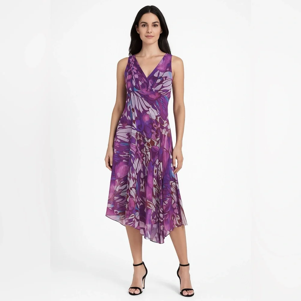 Rabbit Rabbit Rabbit Purple Floral Asymmetrical Dress V-Neck Fit Flare Sz 12 - Picture 9 of 14